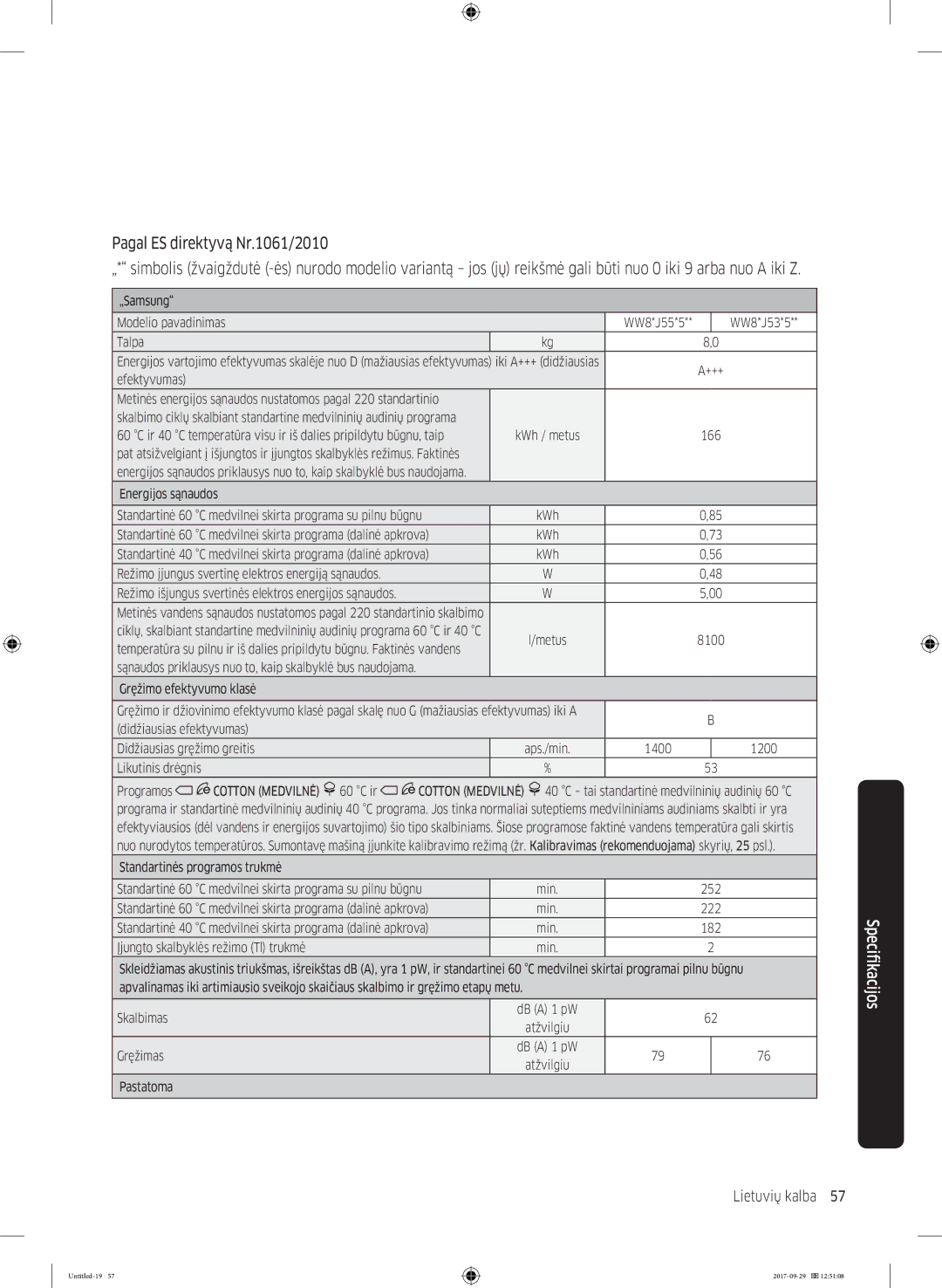 Samsung WW70J5355MW/AD, WW70J5355FW/AD manual Lietuvių kalba 57  